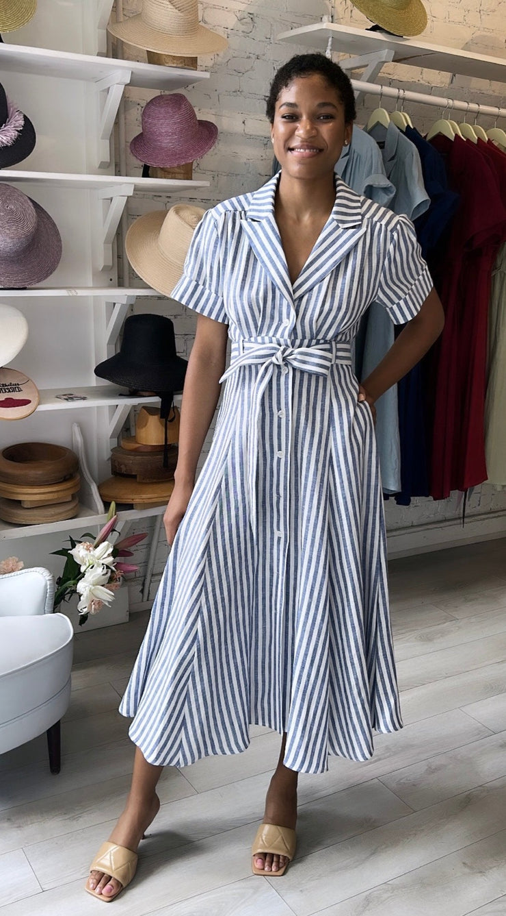 Emma Shirt Dress - Linen - Stripe Behida Doli Millinery Emma Shirt Dress - Linen - Stripe Behida Doli Millinery