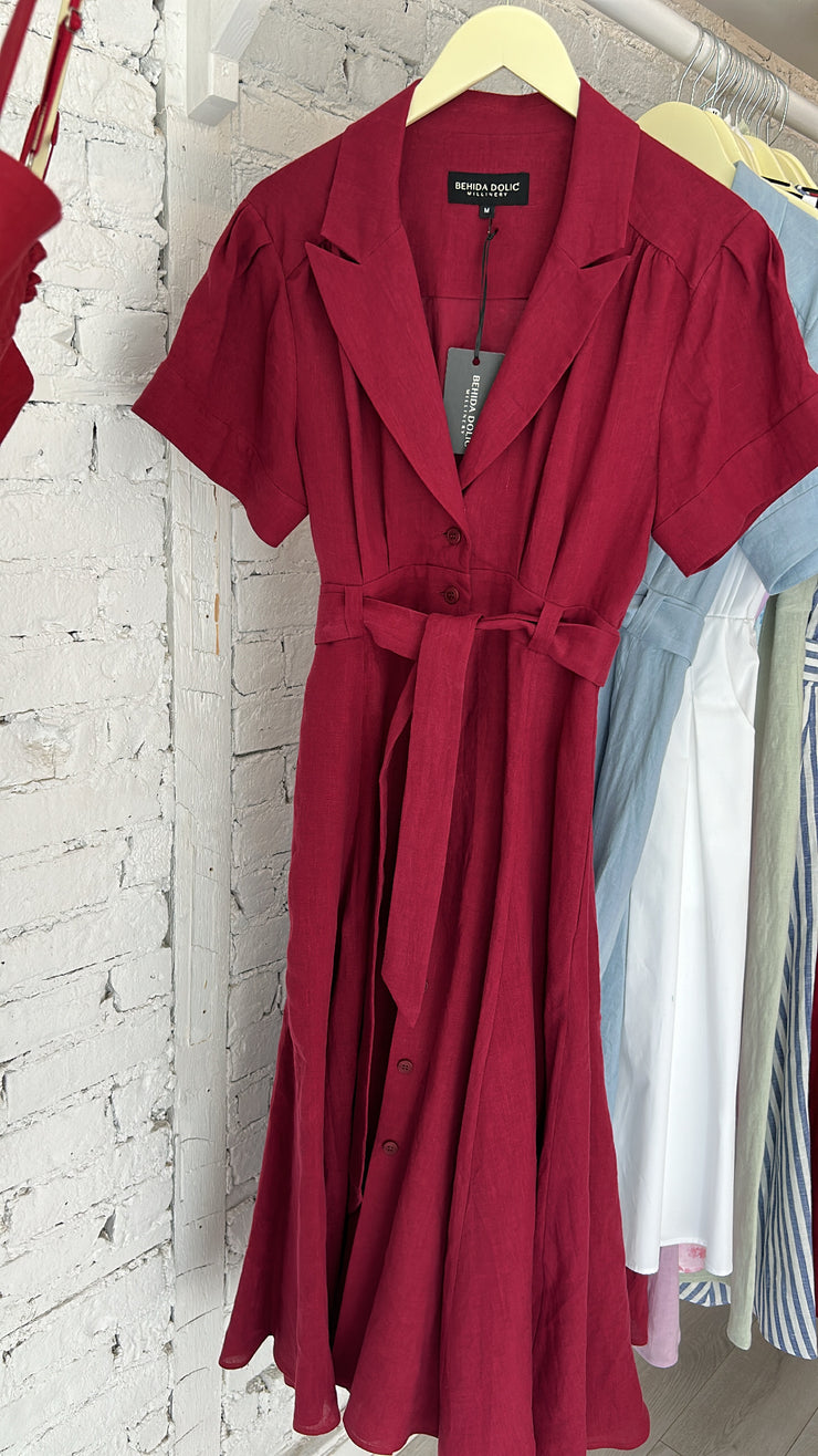 Emma Shirt Dress - Linen - Wine Red Behida Doli Millinery Emma Shirt Dress - Linen - Wine Red Behida Doli Millinery