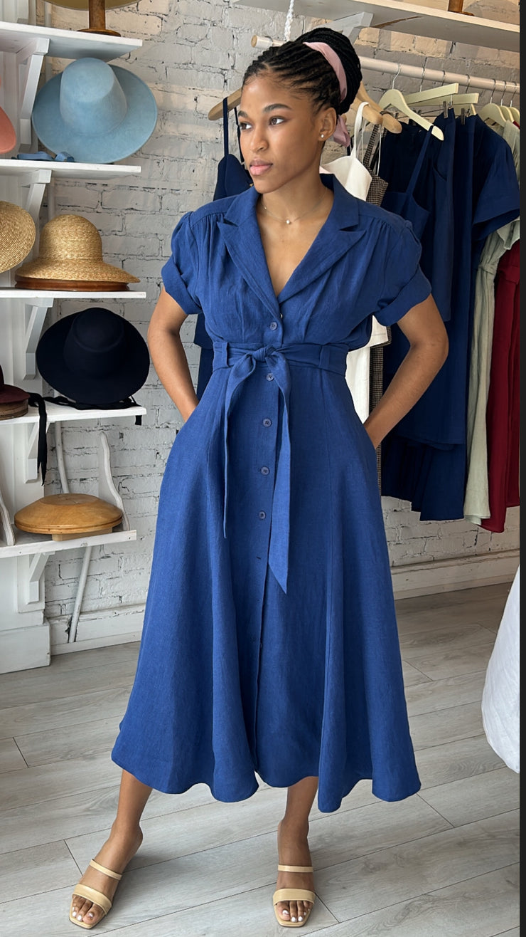 Emma Shirt Dress - Linen - Navy Blue Behida Doli Millinery Emma Shirt Dress - Linen - Navy Blue Behida Doli Millinery