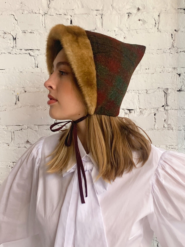 Harris Tweed Plaid Bardot Hat and Mask Combo