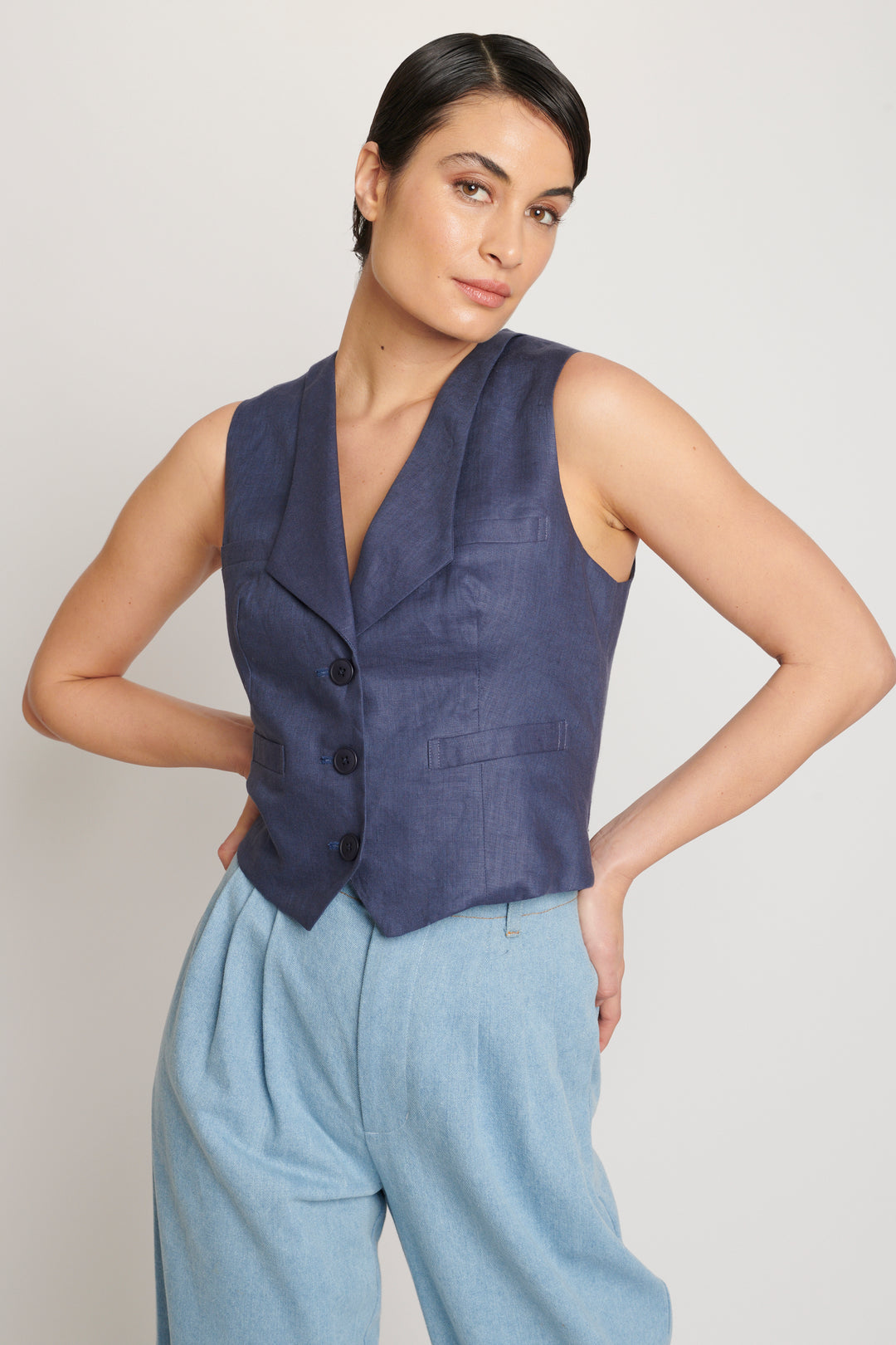 Frida Vest - Linen - Navy – Behida Dolić Millinery